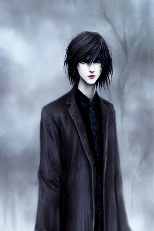 Portrait of a young man dressed in a black shirt, pants, and long coat. He has blue eyes, pale skin, and shaggy medium length black hair. The background is grey and foggy. Leafless trees can be seen in the far distance.