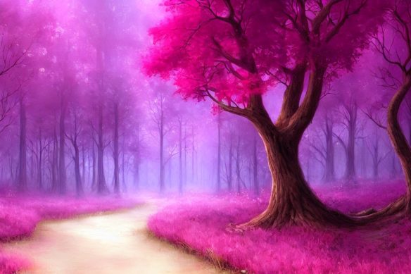 A pathway leads into a gently lit and dense forest of pink and purple trees.