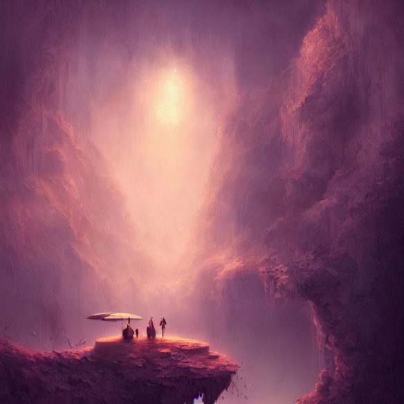Three figures stand on a precipice within a vast, barely illuminated cavern.