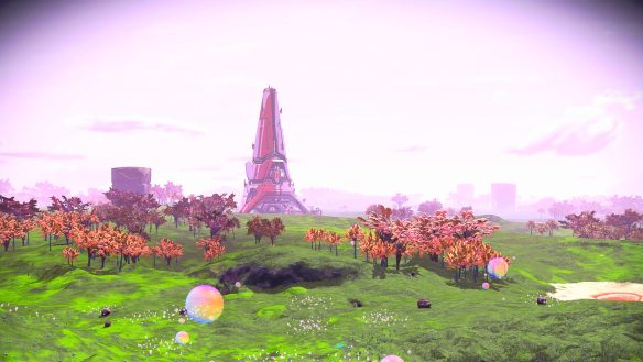 An alien landscape with green grass and pale lavender skies. What appears to be a large tower-like building is seen in the distance.