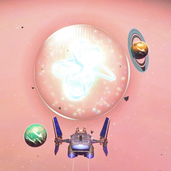 A small, boxy, chrome and pink spaceship with vertical solar panels for wings encounters an enormous spherical space sentience, it’s outer skin transparent with a hexagonal texture, its interior filled with dancing points of light, and at its center a roiling mass of pale blue ribbons glowing brightly.