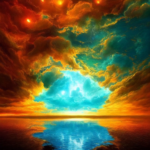 Orange and teal clouds break on the horizon over a vast ocean, revealing a stunning clear blue sky.