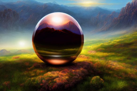 An enormous metallic orb sit in a grassy plain surrounded by mountains.
