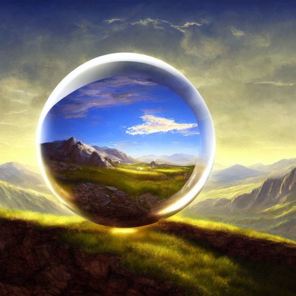 A highly reflective orb drifts over a mountainous landscape.