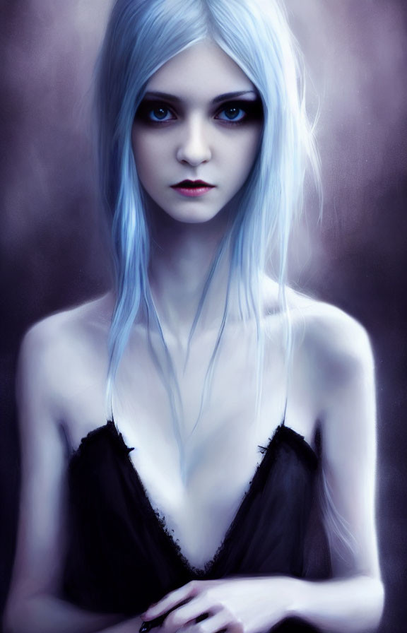 Portrait of an extremely slender goth girl with blue hair.