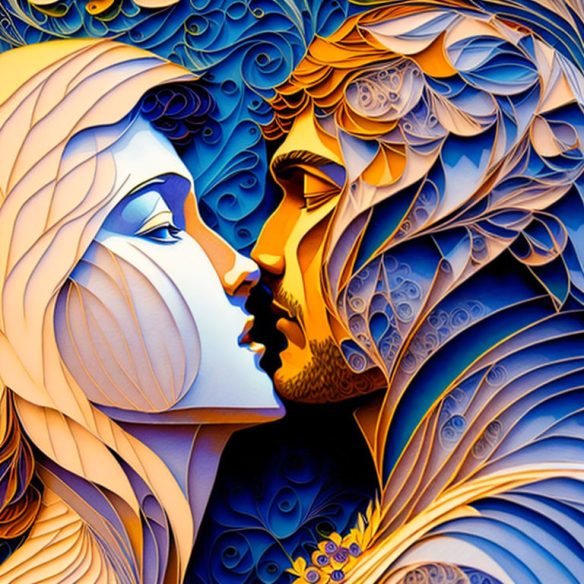 AI generated art of a man and woman about to kiss presented in the style of paper art and quilling.