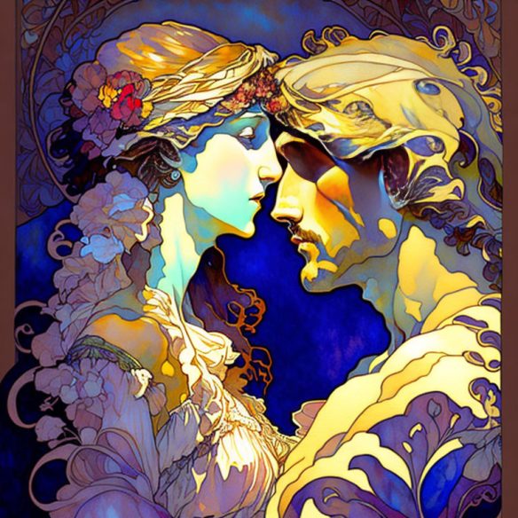 AI generated art of a man and woman about to kiss presented in the style of art nouveau watercolor.
