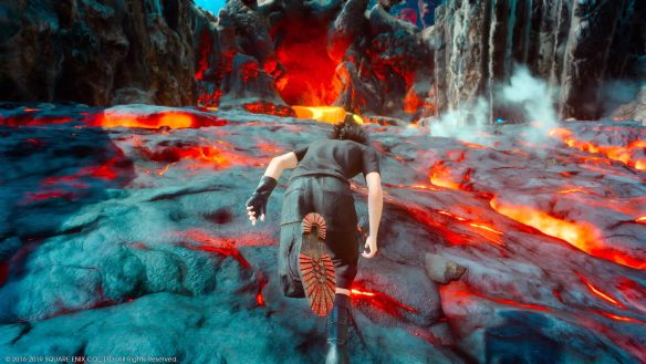 Noctis, the main character of Final Fantasy 15, runs up a hot flow of lava towards the heart of the volcano to take a photo for a quest objective.